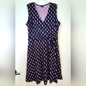 Lands' End XL 18 Jersey Knit Midi Dress Sleeveless Wrap V-Neck Navy Blue & Pink